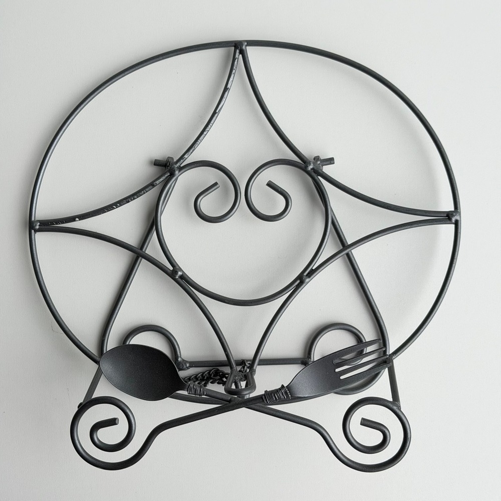Wrought Iron Cookbook Stand Black Scroll Fork Spoon Kitchen Easel Farmhouse